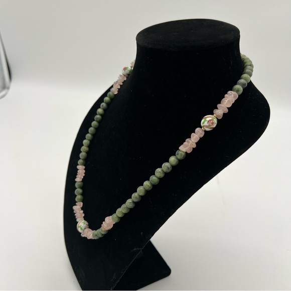 Vintage Jade & Rose Quartz Beaded Necklace – Cloisonné Floral Beads - Picture 3 of 7